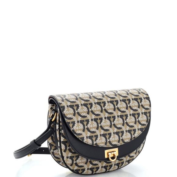 Salvatore Ferragamo Double Flap Saddle Crossbody Bag Gancini Coated Canvas - Picture 2 of 7